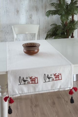 Buldan Kumaşı Etnik Taş Baskılı Ponponlu Runner