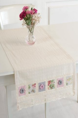 Naturel Yamalı Danteli İplik İşlemeli Runner