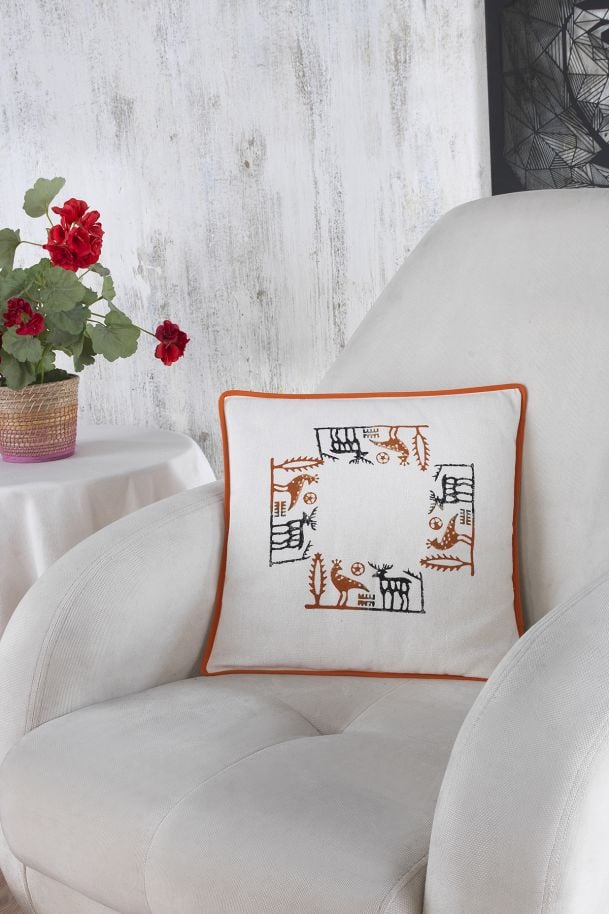 Buldan Kumaşı Etnik Desenli Taş Baskılı Biyeli Dolgulu Kırlent