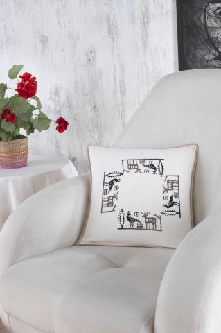 Buldan Kumaşı Etnik Desenli Taş Baskılı Biyeli Dolgulu Kırlent